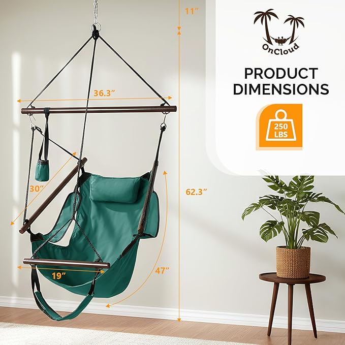 ONCLOUD Upgraded Unique Hammock Hanging Sky Chair Air Deluxe Swing Seat with Rope (Green)