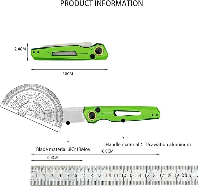HUAAO Manually Operated Button-Lock Knife Men's Folding Pocket Knife Stonewashed Reverse Edge Aluminum Handle With A Reversible Deep Pocket Clip EDC Outdoor Camping Tool (Green)