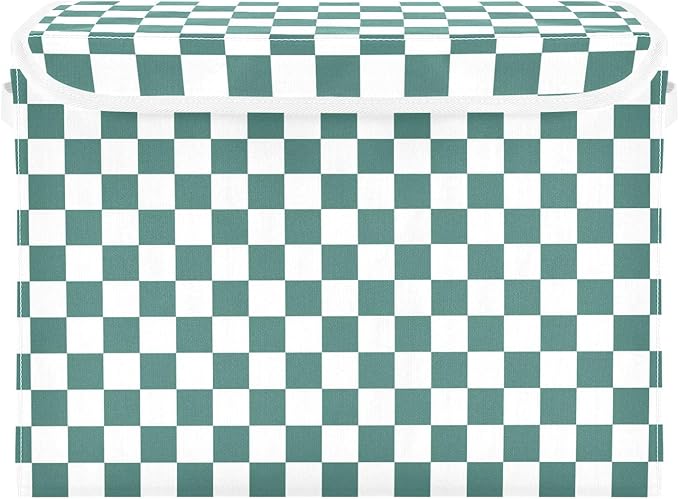 Teal Green White Checkered Storage Bins with Lids Foldable Storage Boxes Cube Closet Storage Baskets Container Organizers for Home Bedroom Office