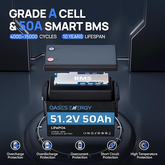 48V 50Ah LiFePO4 Lithium Battery Mini with Bluetooth 100A BMS Deep Cycles 48V LiFePO4 Battery 2560Wh Energy for Off-Grid Solar RV Camper Marine Boats