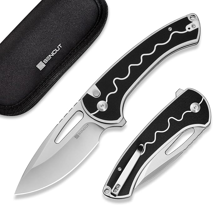 SENCUT Squiggy Pocket Knife Camping Folding Knife with 3.89'' 9Cr18MoV Blade &amp G10 Handle Reversible Clip for EDC Hiking S24082A-1 (White/Black)