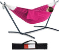 PNAEUT Double Hammocks with Stand for Outside Portable Space Saving Heavy-Duty Steel Stand for Indoor Outdoor Patio with Carrying Bag 450 lbs Capacity (Rose Pink)