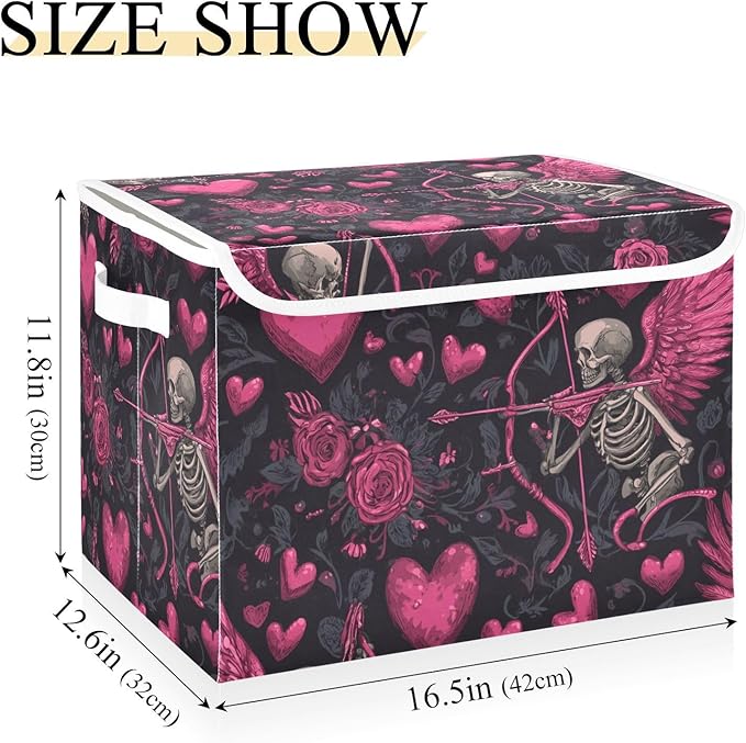 Valentine Skeleton Hearts Black Storage Box with Lid 1 PC Foldable Storage Bin with Lids Stackable Storage Bins Cube Closet Organizer Basket with Flip-Top Lid &amp Handles for Shoes Books Towels
