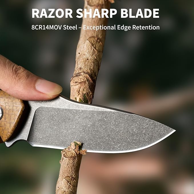 Fixed Blade Knife with Kydex Sheath &amp Clip 3.9 8CR Steel Blade Micarta Handle Full Tang Camping Knife for Outdoor Adventures Bushcraft Survival Hunting Hiking FX01 (Black)