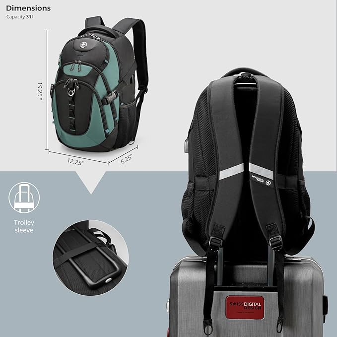 Swissdigital Design Laptop Backpack with USB Charging Port Travel Backpack Fits 15.6 inches Computer 31L College School Backpack for Men Lake Green/Black | SD803-27