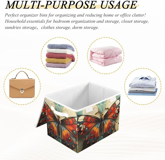 AIXIWAWA Lidded Storage Cube (Butterfly Artwork) Fabric Foldable Closet Bins with Flip Lid and Handles Organizer Basket Container 16.5 x 12.6 x 11.8 IN