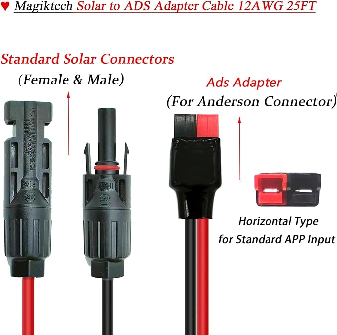 Solar Panel Kits Charge Cable Compatible with Anderson Adapter and Solar Connectors for Portable Power Stations Solar Generators (12AWG 25FT Horizontal)