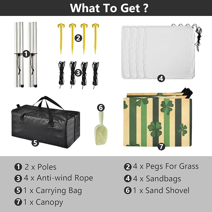 St Patrick Striped Clovers Beach Tent Sun Shelter Set UPF50+ UV Protection 10.5 x 9.19 FT Camping Shade Canopy with Sandbags Sand Anchors Carrying Bag and Others
