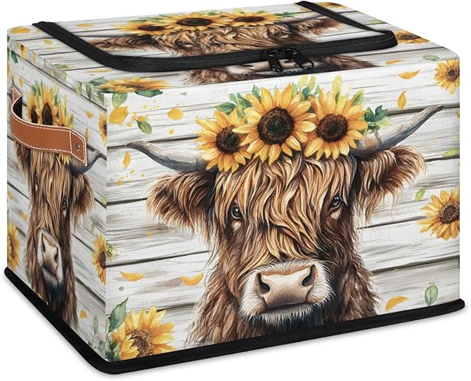 Highland Cow Storage Bins with Zipper Lid Rustic Sunflower Fabric Lidded Storage Baskets Cubes with Handles Decorative Foldable Shelf Closet Organizer Container