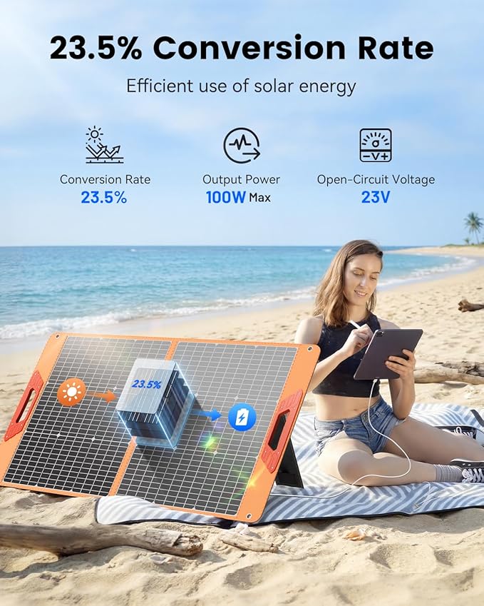 100W Portable Solar Panel for Power Station 19.8V Foldable Solar Charger with DC/XT60/Anderson Cable &amp QC3.0 USB Outputs 23% High Efficiency IP65 Waterproof 2 Kickstands for Outdoor Camping RV T
