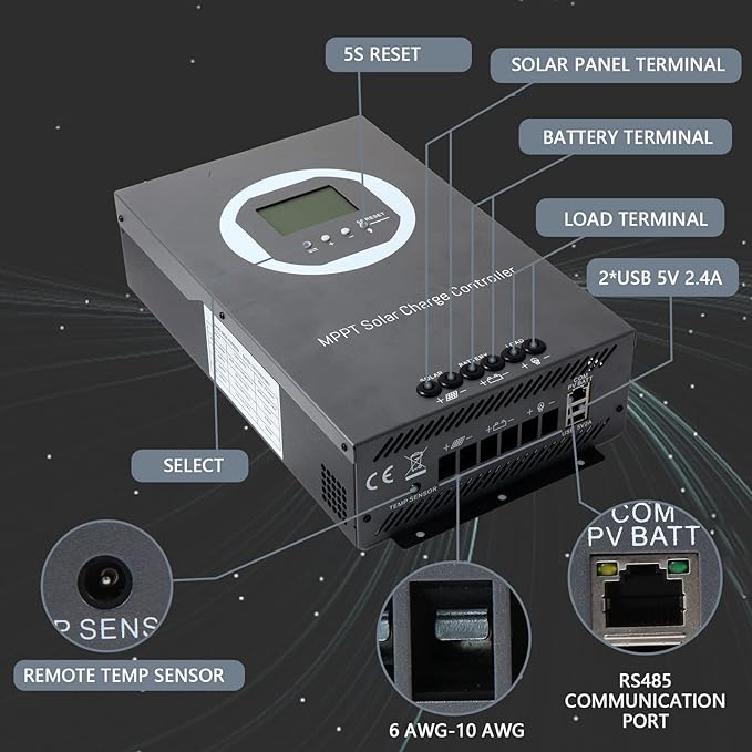 100A MPPT Solar Charge Controller 12V/24V/36V/48V Auto PV 150V Max Input 100A Solar Panel Regulator 5000W Max Input Power AGM/Gel/Flooded/Lithium Battery Compatible