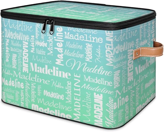 Custom Storage Basket with Name Personalized Keepsake Box with Zipper Lid Foldable Fabric Memory Bin Large capacity with Handle Bright Green Blue