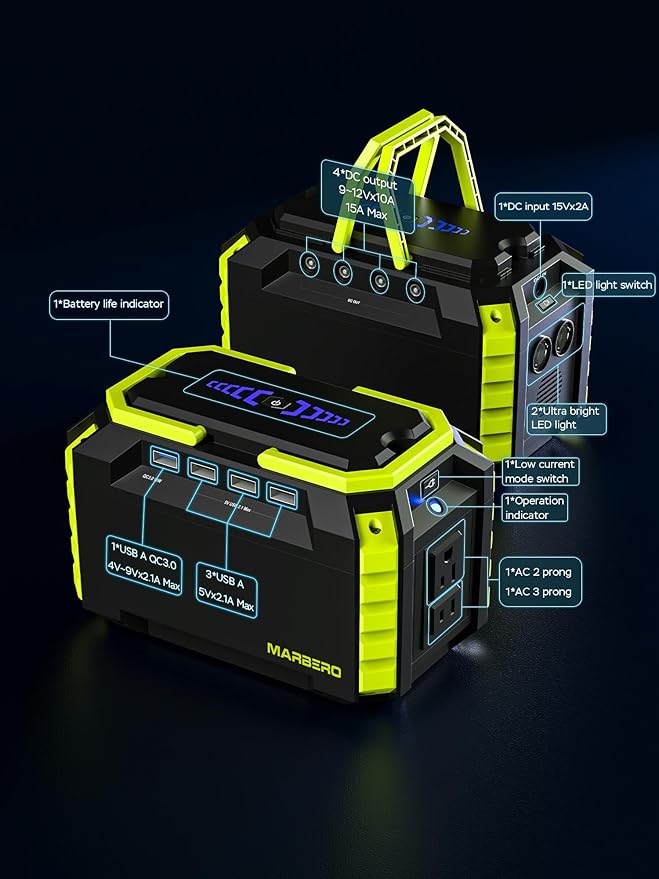 MARBERO Portable Power Station 150Wh Camping Solar Generator Laptop Charger Power Bank with AC Outlet 110V 150W Peak with 4*USB 4*DC Ports LED Flashlights for CPAP Home Camping Hurricane Emergency