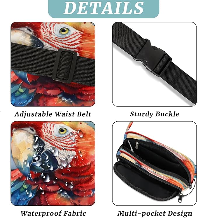 Watercolour Parrot Waterproof Fanny Pack for Women Men Adjustable Waist Bag with Double Zipper Pockets Lightweight Square Hip Pack for Running Travel Hiking Workout Cycling