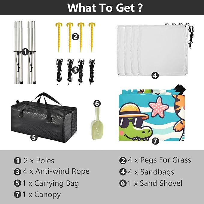 ALAZA Cute Pig Crocodile Tiger Beach Tent Sun Shelter UPF50+ Protection Beach Shade Canopy w/ 4 Sandbags for Outdoor Camping Fishing Backyard Fun Picnic 10x9 ft