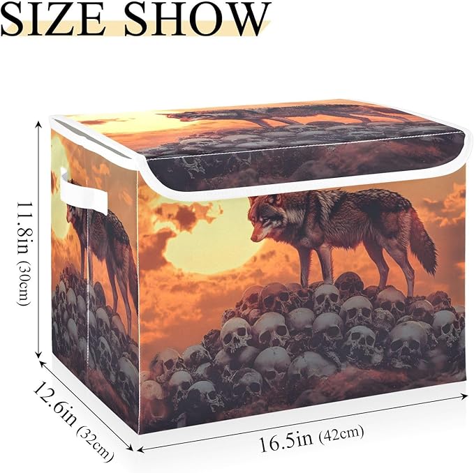 AIXIWAWA Lidded Storage Cube (Wolf on Skulls) Fabric Foldable Closet Bins with Flip Lid and Handles Organizer Basket Container 16.5 x 12.6 x 11.8 IN