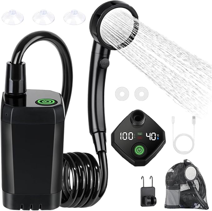 BENBOR Electric Portable Camping Shower - 6000mAh Battery Powered Outdoor Shower with Intelligent Digital Display Lightweight ABS Design for Camping Dog Washing &amp Tent Shower Use Black