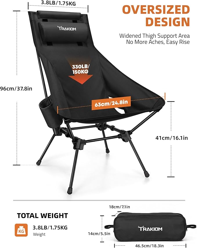 Trakiom High Back Folding Camping Chair Widened Seat &amp Lightweight Black Portable Chair with Stable Design Adjustable Head Support for Beach Camping Festival Hiking and Outdoor Travel