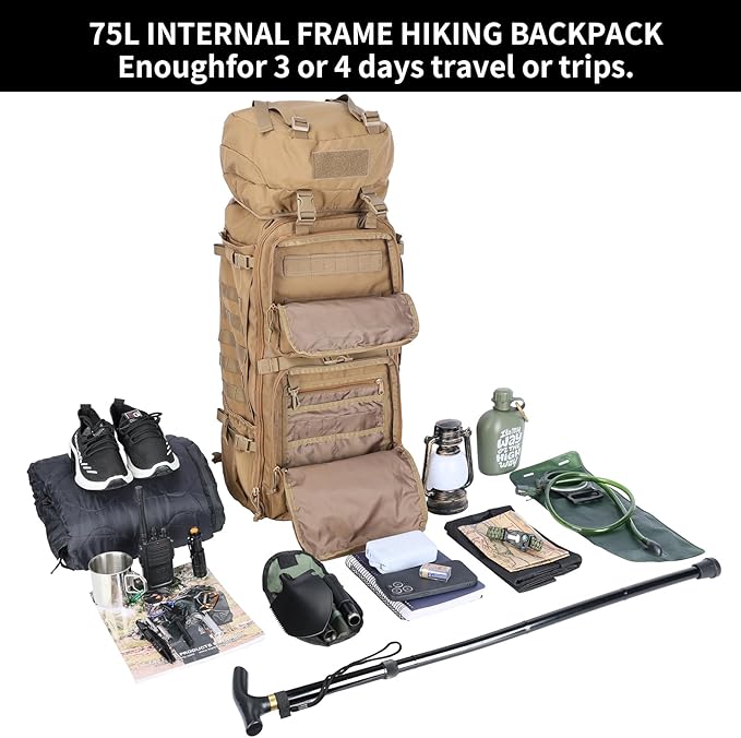 Zsearaymy 75L Hiking MOLLE Backpack with Internal Frame &amp Rain Cover for Tactical Camping Backpacking Survival Travel (TAN)