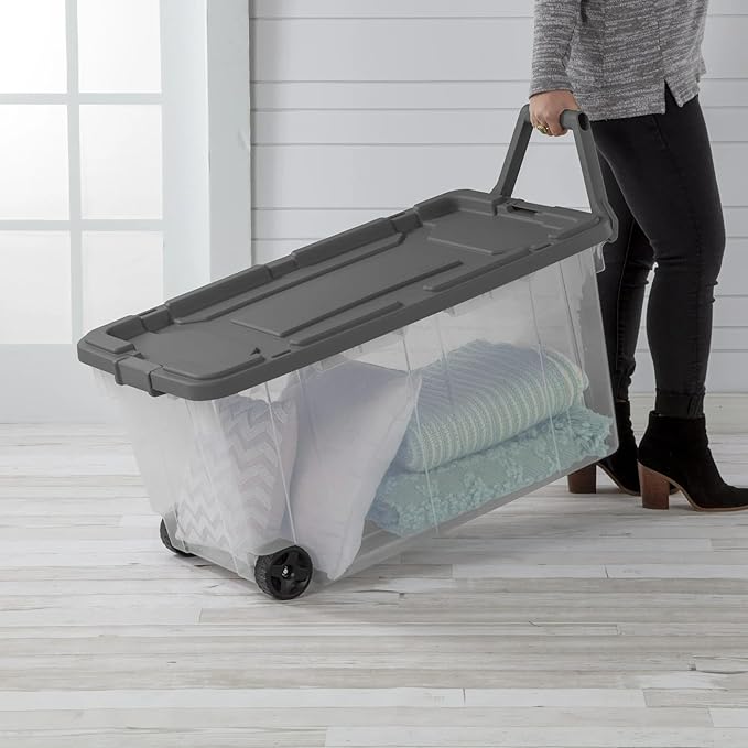 Heavy-Duty Storage Container with Wheels 160 Quart Large Plastic Organizer Bin Stackable Weather-Resistant Tote with Drip-Resistant Lid 36.75 x 21.38 x 18 Inch