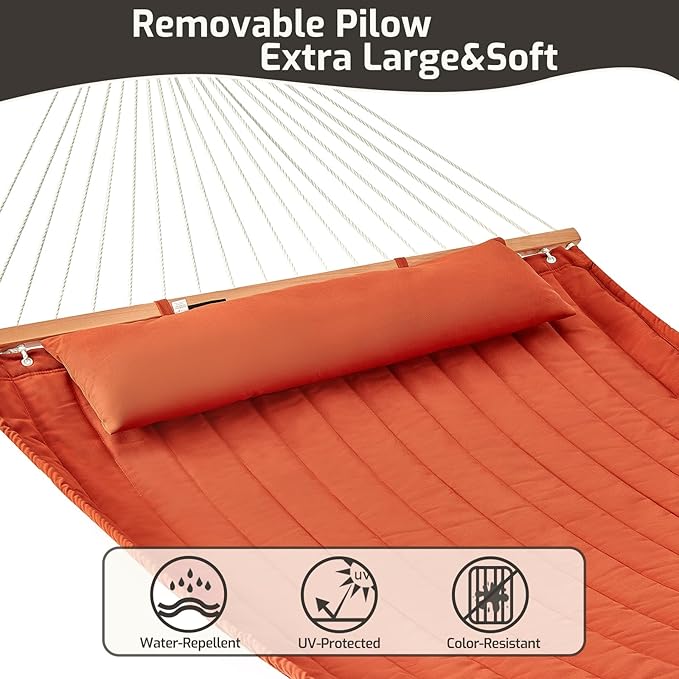 CHULIM Double Quilted Fabric Hammock with Hardwood Spreader Bars and Pillow 450 LBS Capacity 2 Person Large Hammock for Outdoor Patio Backyard Poolside - Terracotta