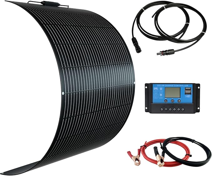 Flexible Solar Panel kit 100W Monocrystalline module10A charge controllerExtension cable Off-Grid Charger for RV Boat Van Car Curve Surfaces (100W SOLAR KIT)