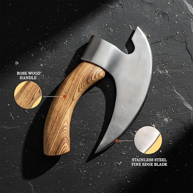 Handmade Ulu Kitchen Mini-Axe Knife Rose Wood Handle Comes with Leather Sheath (6009-P)