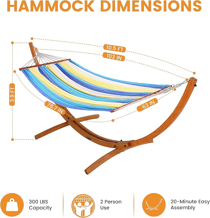 Lazy Daze Hammocks Cotton Fabric Spreader Bar Hammock and 10.5 Ft Wood Arc Hammock Stand Combo for Outdoor Indoor Patio Backyard Blue and Yellow