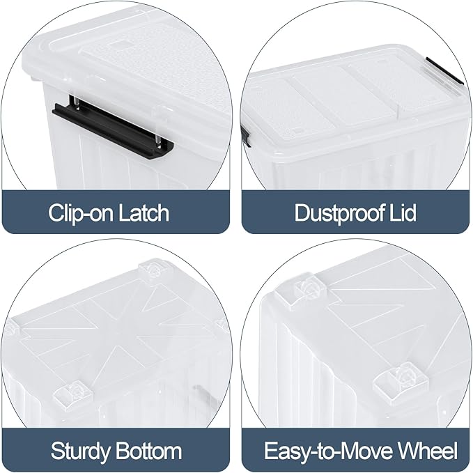70 L Clear Storage Bin with Wheels Extra Large Plastic Latching Storage Box 4 Pack