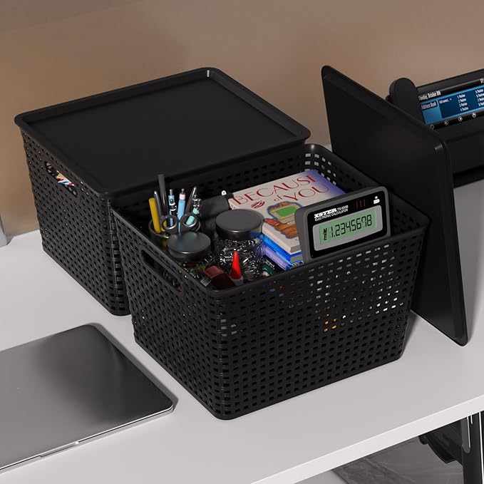 Large Plastic Storage Baskets with Lids Stackable Storage Bin Basket for Organizing Shelves Closet Pantry 14.09 x 11.69 x 8.78 6 Pack Black