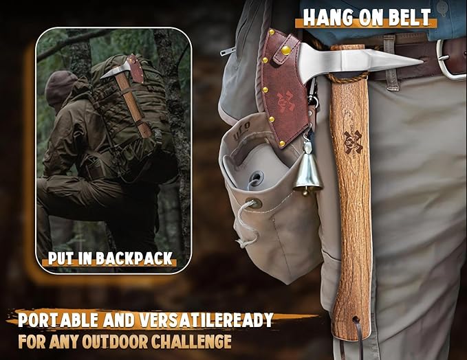 Grumpy Bear 15 Survival Axe Camping Hatchet – Forged High Carbon Steel Blade with Walnut Wood Handle – Anti-Slip Grip – Ideal for Bushcraft Wood Splitting &amp Outdoor Adventures Silver Wood