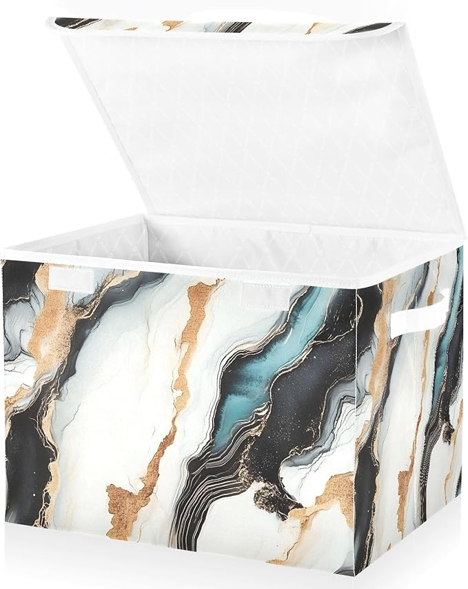Storage Cube with Lid Gold Green Marble Print 16.5×12.6×11.8 IN 1 Pack Collapsible Large Capacity Foldable Storage Basket Bin Organizer