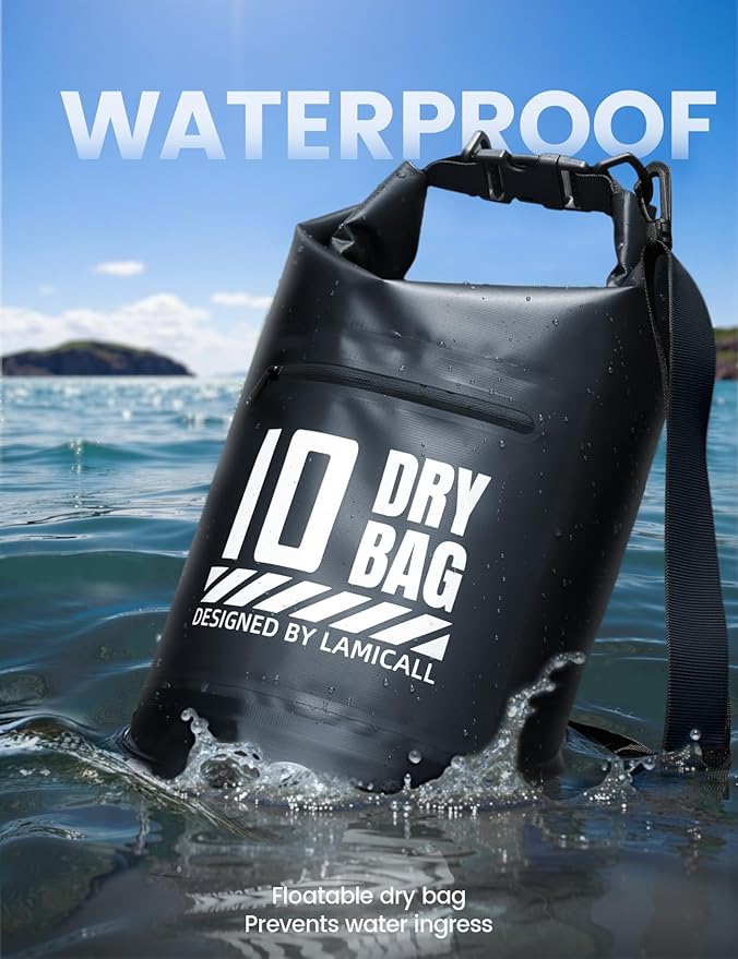 Lamicall 5L &amp 10L Dry Bag Waterproof Backpack - [Zippered Pocket] Roll Top Waterproof Bag Blueish Gray &amp Black