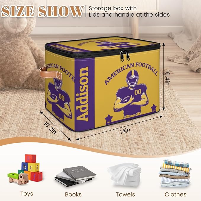 Custom Storage Bins with Zipper Lid American Football Personalized Foldable Storage Baskets Sport Closet Shelf Clothes Organizer Cube with PU Leather Handles