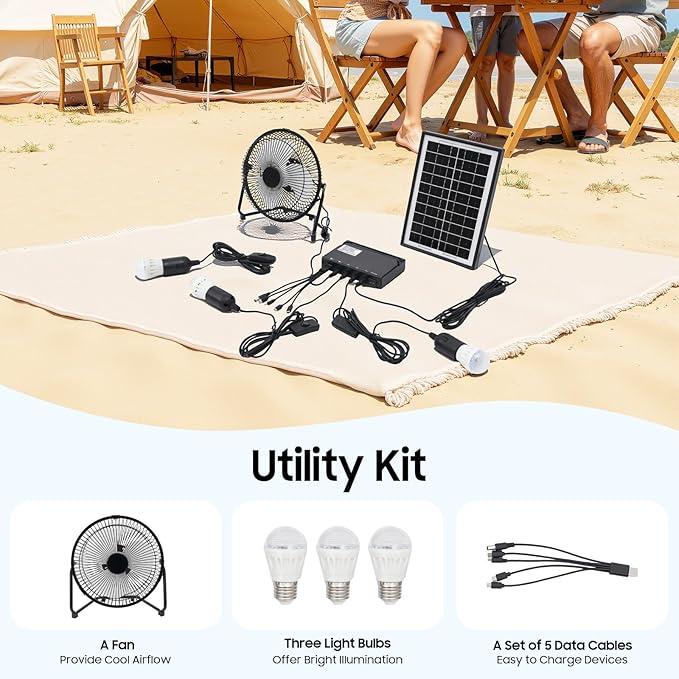 Solar Generator with Fan &amp Light Portable Solar Panel Kit for Outdoor Camping Emergency Greenhouse Shed Includes 3 Bulbs &amp 4000mAh Battery