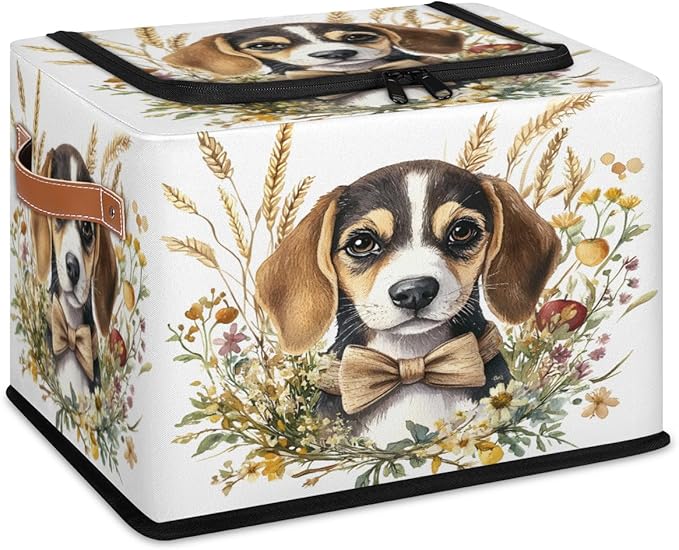 Beagle Dog Storage Box with Lid Golden wheat ears Collapsible Storage Bins Baskets Cubes Closet Shelf Clothes Organizer Containers with PU Leather Handles