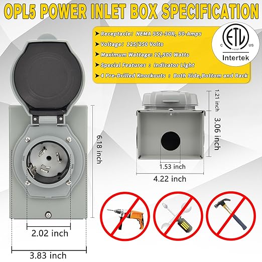2 Years Warranty OPL5 50 Amp Generator Cord 20FT and Power Inlet Box (Pre-Drilled)125/250 Volts NEMA 14-50P to SS2-50R Generator Cord ETL Listed STW 6/3 + 8/1 AWG for Home Emergency