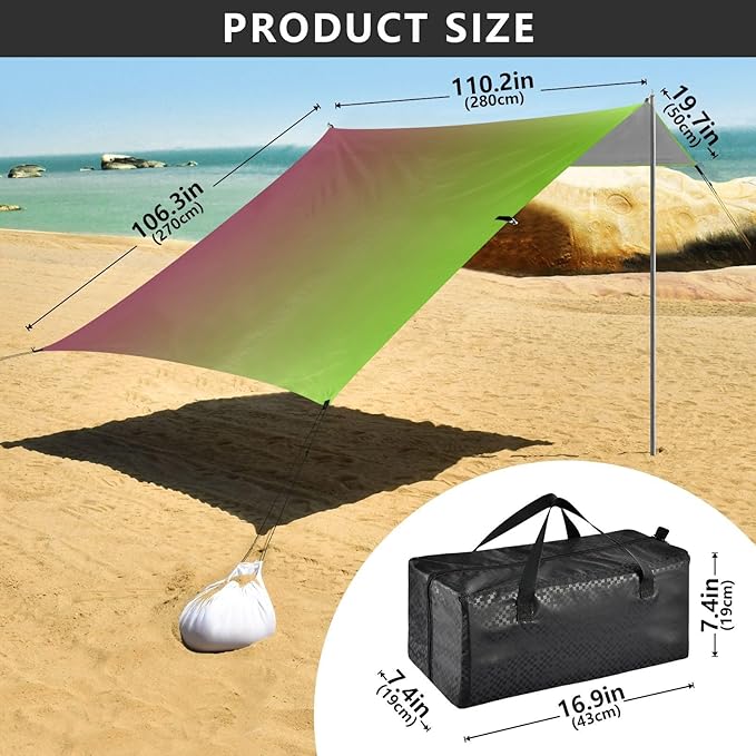 Red Green Gradient Beach Tent UPF50+ Protection Waterproof Sun Shelter with Sand Shovel Sandbags for Camping Trips Fishing Backyard Fun or Picnics