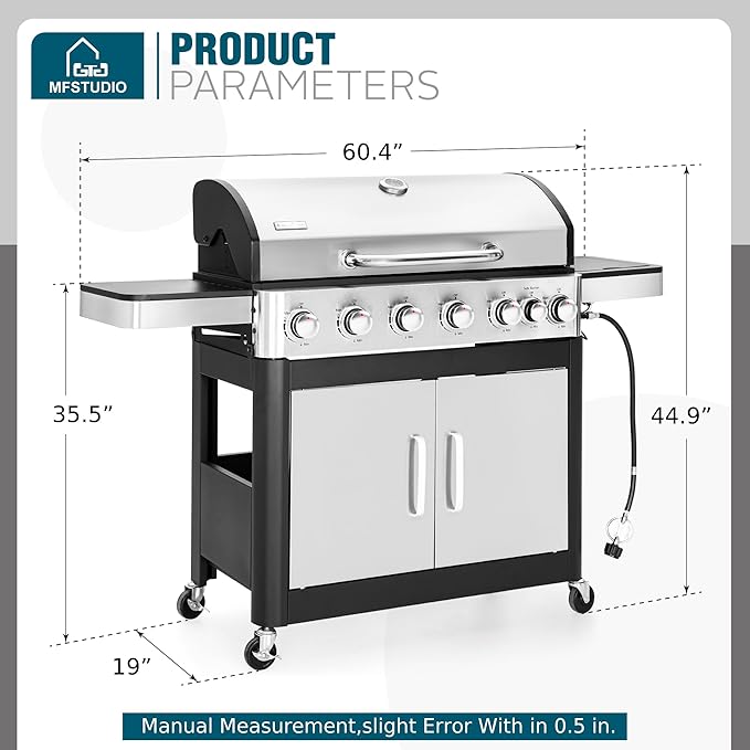 MFSTUDIO 6-Burner Propane Gas Grill Stainless Steel BBQ Grill with Side Burner and Porcelain-Enameled Cast Iron Grates High Output Gas BBQ Grills for Barbeque and Outdoor Cooking