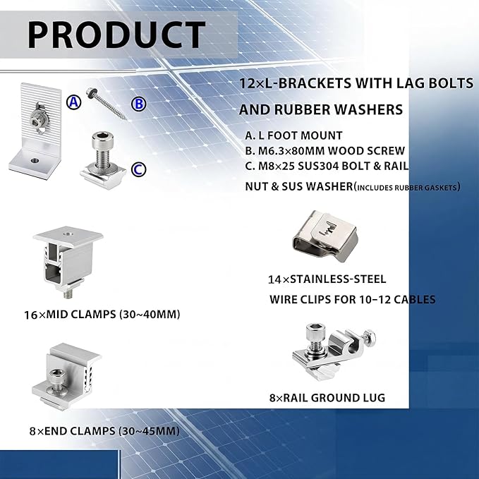 Solar Panel Mounting Rail Kit for 7 x 320W Panels Includes 12 x 47.2 Aluminum Rails Adjustable Clamps L-Brackets &amp Wire Clips Heavy Duty Racking for Metal Tile Shingle Roof