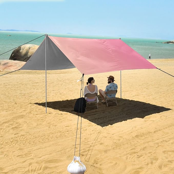 Pink Gradient Foldable Beach Cabana UPF50+ Protection Water-Resistant Large Sun Shelter Includes Sand Shovel Sandbags Stability Poles for Camping Picnics Backyard