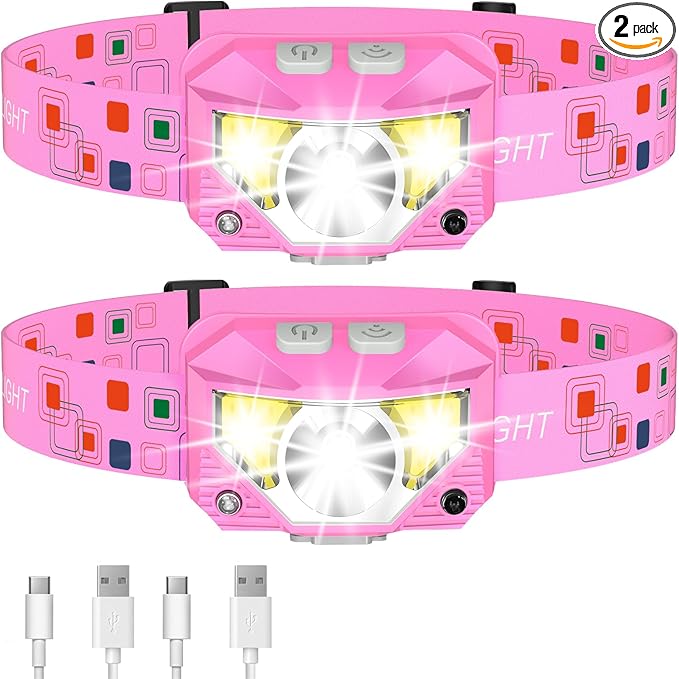 LHKNL Headlamp Flashlight High Lumen Bright LED Rechargeable Headlight with White Red Light 2-Pack Waterproof Motion Sensor Head Lamp 8 Mode for Camping Running Hiking Fishing Gear- Pink