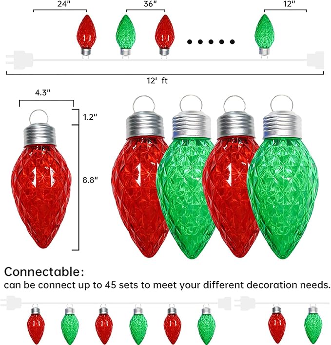 Red and Green Jumbo C9 Christmas Lights - 4 Bulbs 60 LED Giant C9 Outdoor Hanging String Lights for Tree Porch Gazebo Eave Decorations 12 Feet White Wire Connectable Red and Green - Twinkling