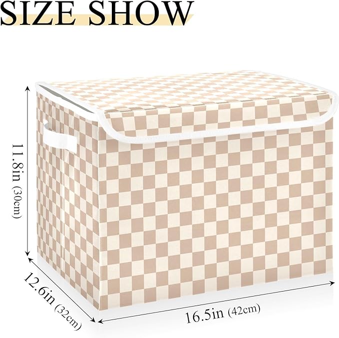Brown Checkerboard Storage Baskets Lidded Bin Foldable Storage Boxes Cubes Lids with 2 Handles for Organizing Closet Home Office