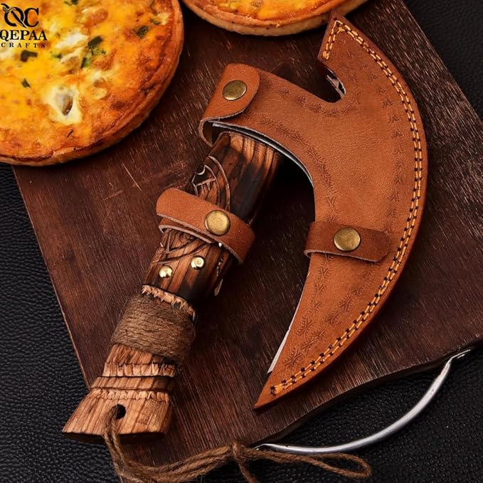 Pizza Cutter Axe Carbon Steel Slicer Chef Viking Axes with Leather Cover - Premium Oven Accessories Ulu Rocking Gifts for Men(Rp Pizza Axe)