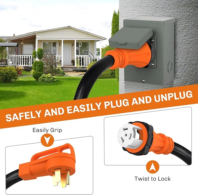 WELLUCK 50 Amp Emergency Power Combo Kit with SS2-50 Inlet Box and 15 FT Cord NEMA 14-50P to SS2-50R RV Power Extension with Grip Handle ETL Listed