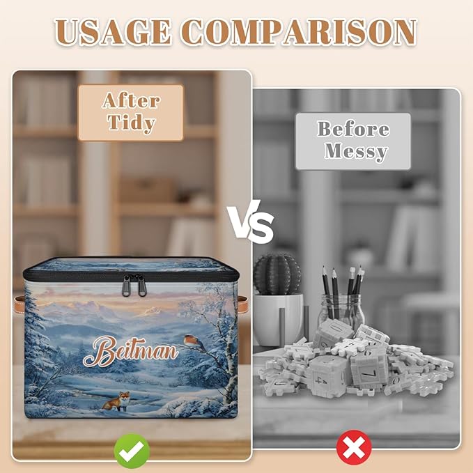 Storage-Bins with Lids Handle Customized Stackable-Storage-Bin for Kids-Boys-Girls-Toys Cube Collapsibl Basket Snowfield Fox