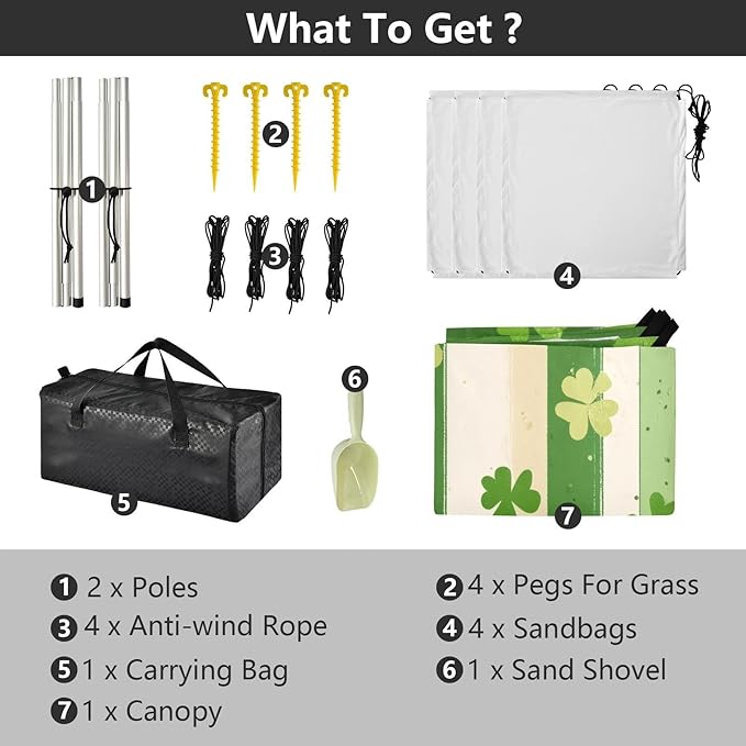 Saint Patrick's Striped Shamrocks Beach Tent Sun Shelter Set UPF50+ UV Protection 10.5 x 9.19 FT Camping Shade Canopy with Sandbags Sand Anchors Carrying Bag and Others