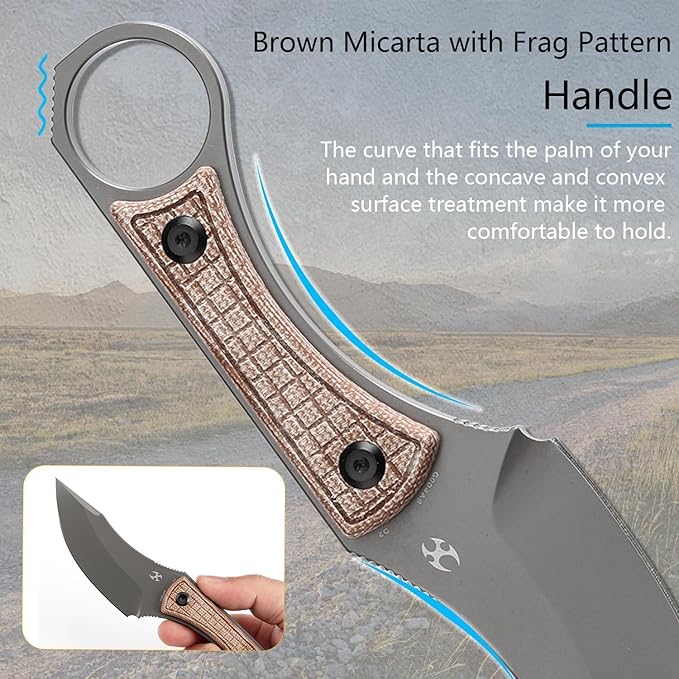KANSEPT Niko Fixed blade Knife with Sheath 3.54'' Grey TiCn Coated D2 Blade and Brown Micarta with Frag Pattern Handle Adjustable Kydex Sheath for EDC Fixed Knifes for Camping Hiking Fishing G004A8
