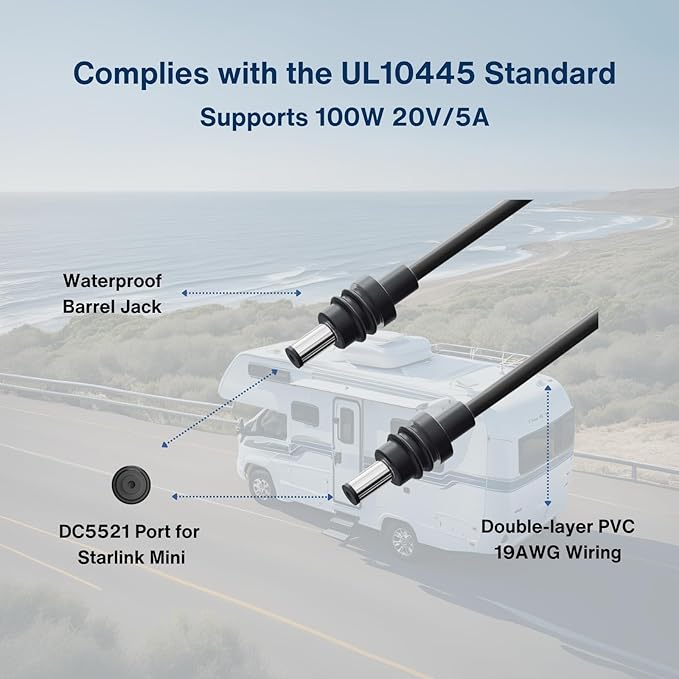 DC to DC Power Cable Cord 19AWG for Starlink Mini 10M/33FT Waterproof Barrel Jack Heat Resistant to 90°C Compatible with Starlink Power Adapter 60W 30V/2A Multiple Lengths Available
